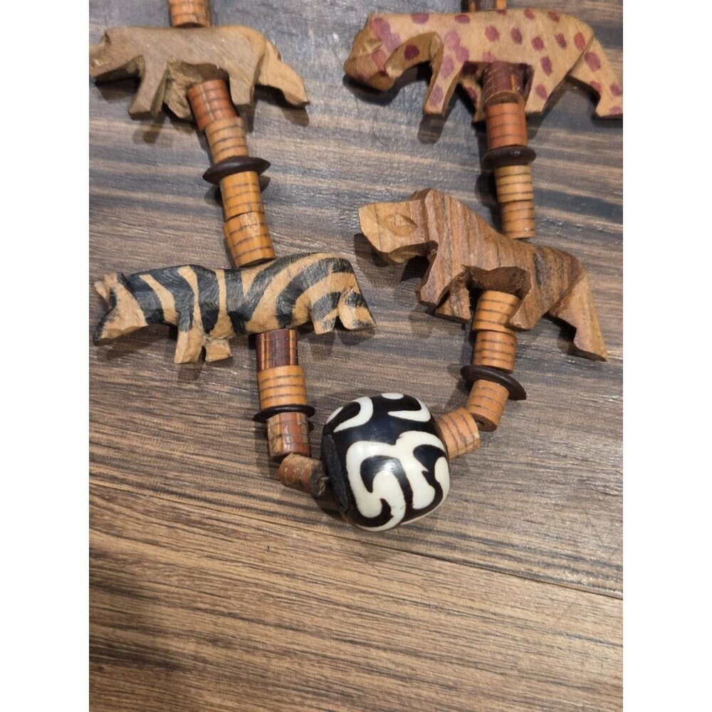 Safari Animal Necklace Carved Wood Beads Giraffe Zebra Lion Elephant Boho Tribal - Picture 3 of 9